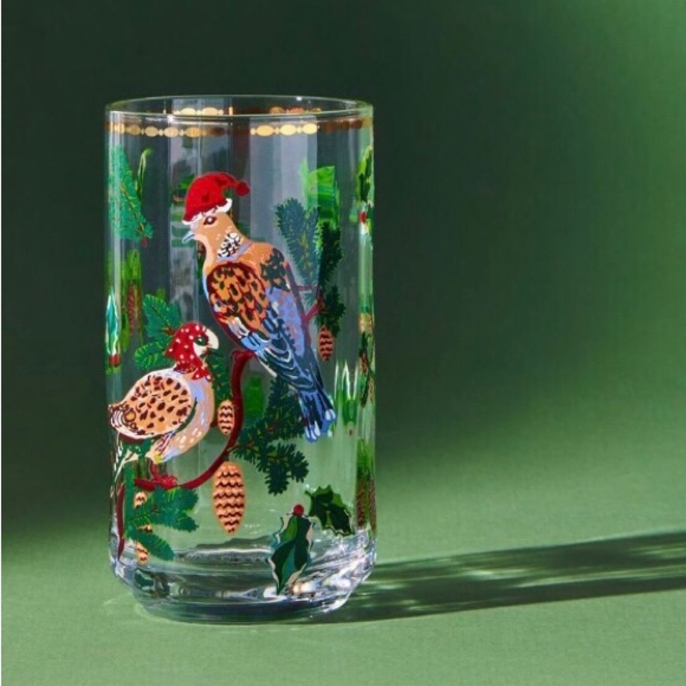 Anthropologie Nathalie Lete Glass 12 Days Christmas Birds Drinking Glass New Box
